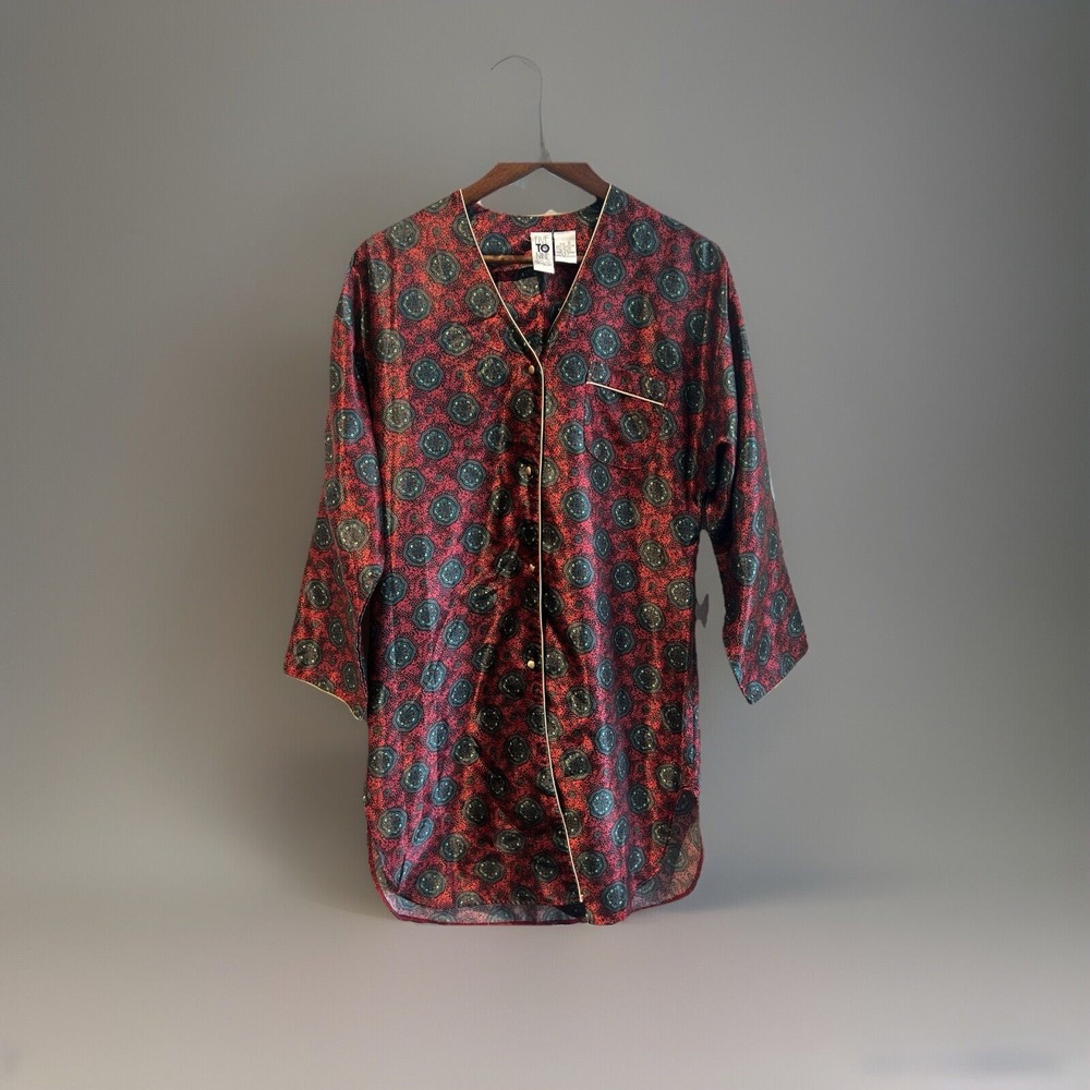 Vtg Vanity Fair Slip Top Button Front Satin Sleep Shirt 3/4 Sleeve SM Oriental - Picture 1 of 7
